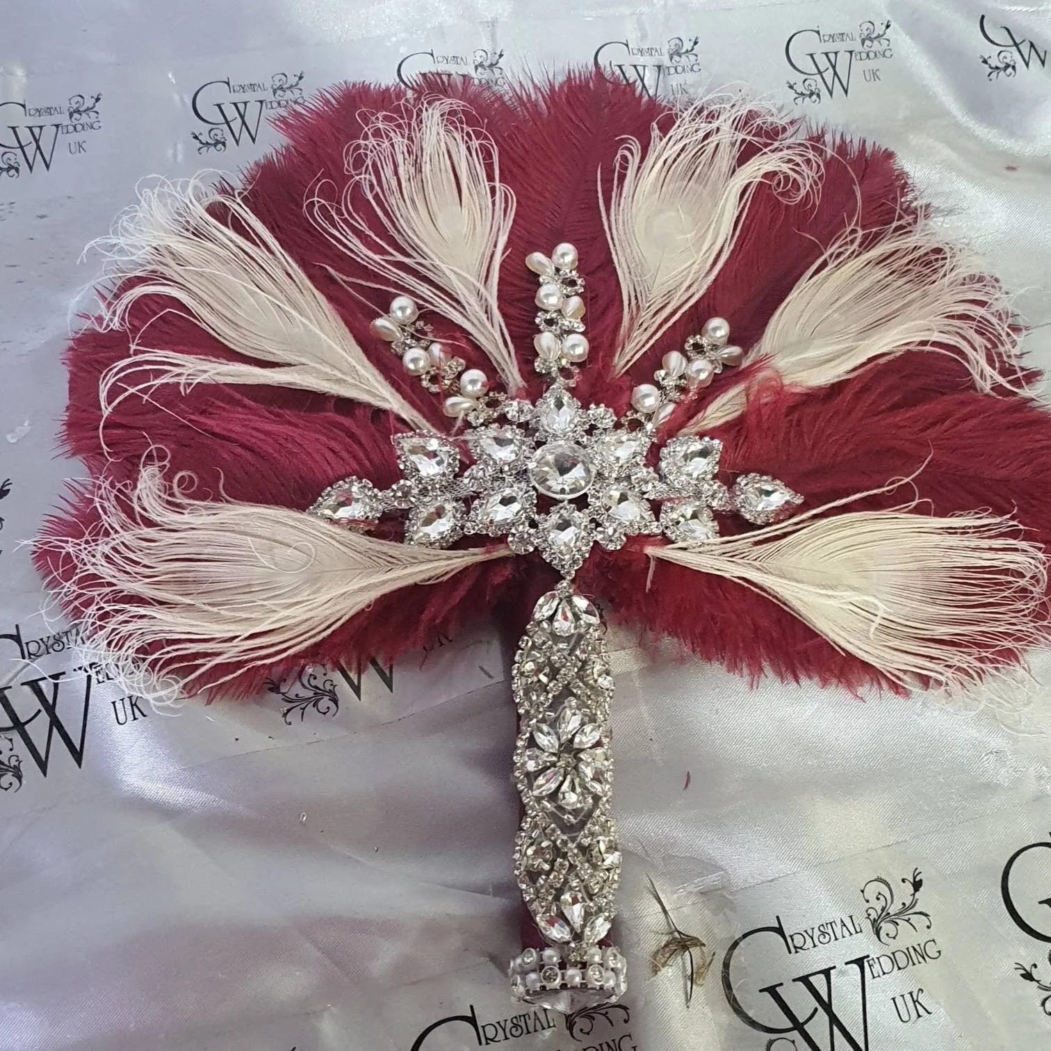 16" Feather Bridal brooch Bouquet Ostrich Big  Feather Fan Bridal Bouquet Ivory Great Gatsby 1920's wedding  Crystal wedding uk