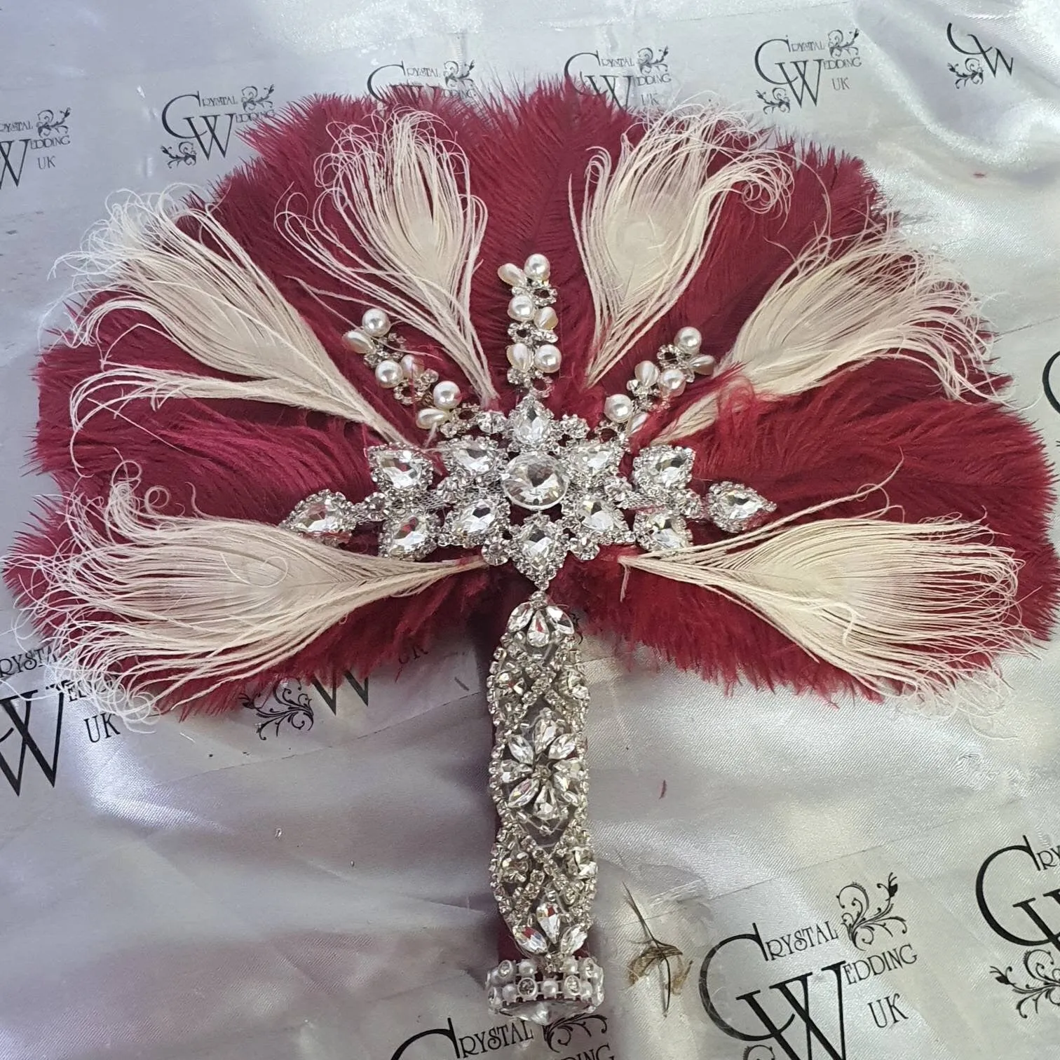 16" Feather Bridal brooch Bouquet Ostrich Big  Feather Fan Bridal Bouquet Ivory Great Gatsby 1920's wedding  Crystal wedding uk