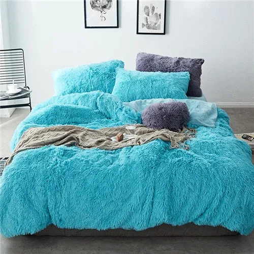 2020 New Long hair Fleece bedding set 5pcs/set (duvet cover flat sheet 2 pillowcase 1 cushion) flannel winter warm bed linen set