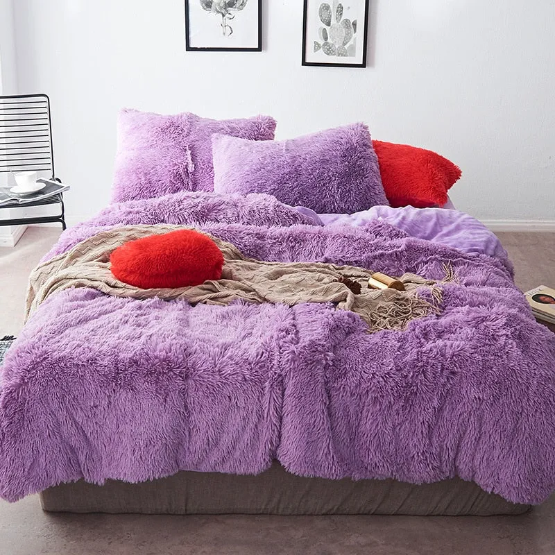 2020 New Long hair Fleece bedding set 5pcs/set (duvet cover flat sheet 2 pillowcase 1 cushion) flannel winter warm bed linen set