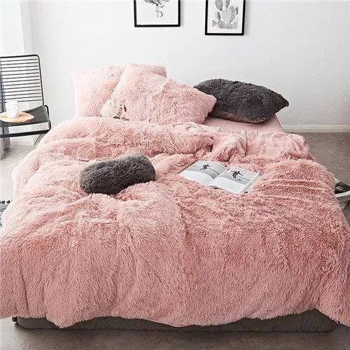 2020 New Long hair Fleece bedding set 5pcs/set (duvet cover flat sheet 2 pillowcase 1 cushion) flannel winter warm bed linen set