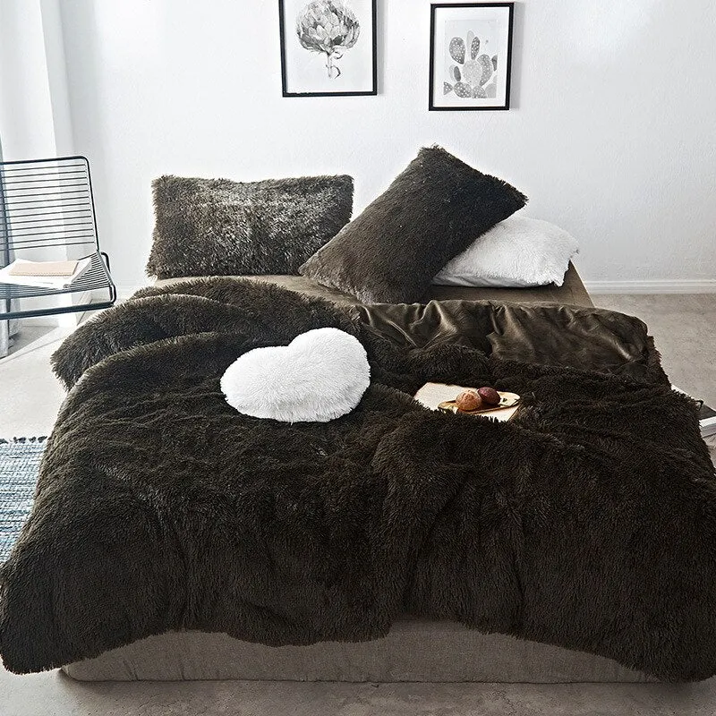 2020 New Long hair Fleece bedding set 5pcs/set (duvet cover flat sheet 2 pillowcase 1 cushion) flannel winter warm bed linen set