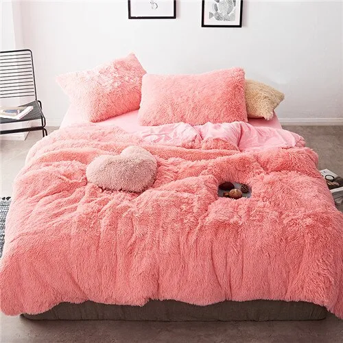 2020 New Long hair Fleece bedding set 5pcs/set (duvet cover flat sheet 2 pillowcase 1 cushion) flannel winter warm bed linen set