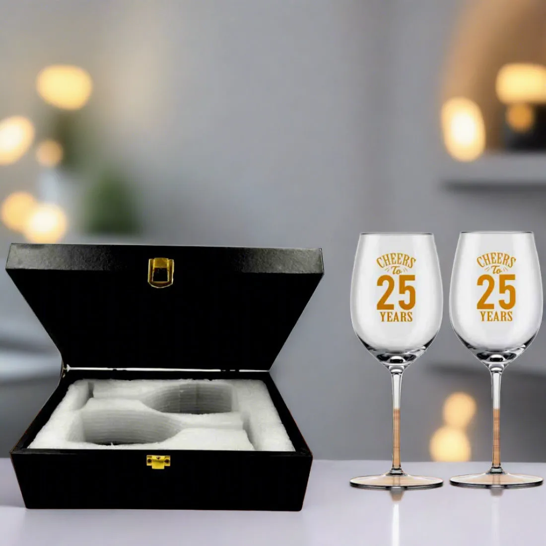 25th Anniversary Gifts for Couples with Wine Glass Set - Available in Black