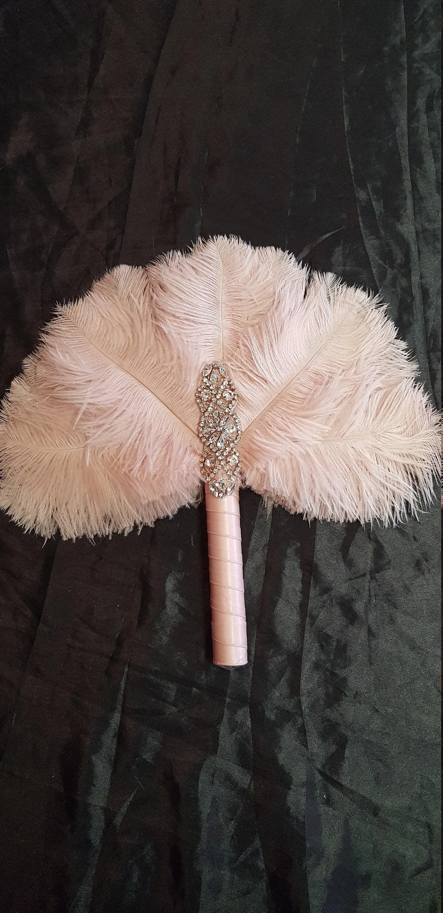 3 X Ostrich Feather Fan. BLUSH FEATHERS- size 12" Bridesmaids fan bouquets for wedding by Crystal wedding uk