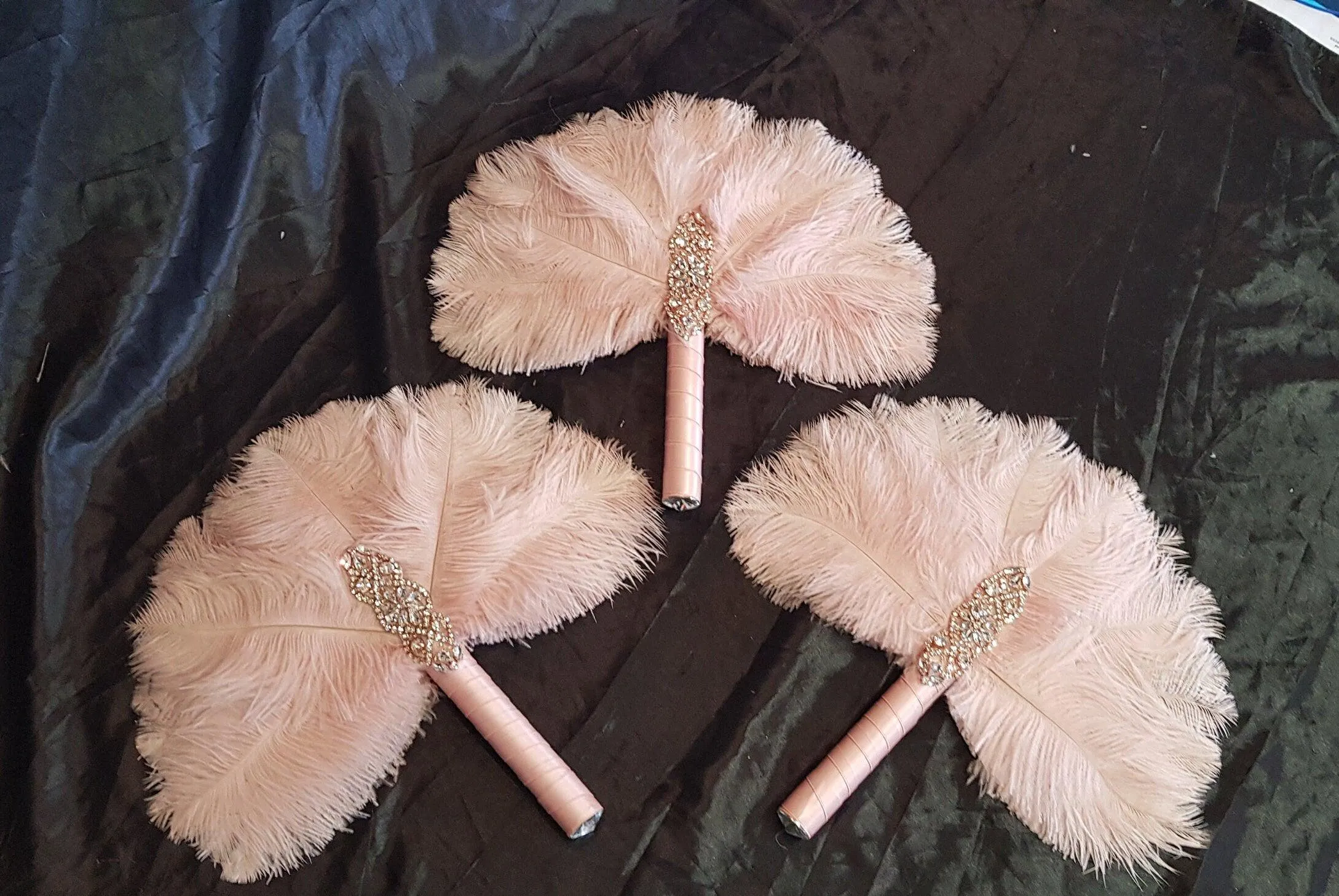 3 X Ostrich Feather Fan. BLUSH FEATHERS- size 12" Bridesmaids fan bouquets for wedding by Crystal wedding uk