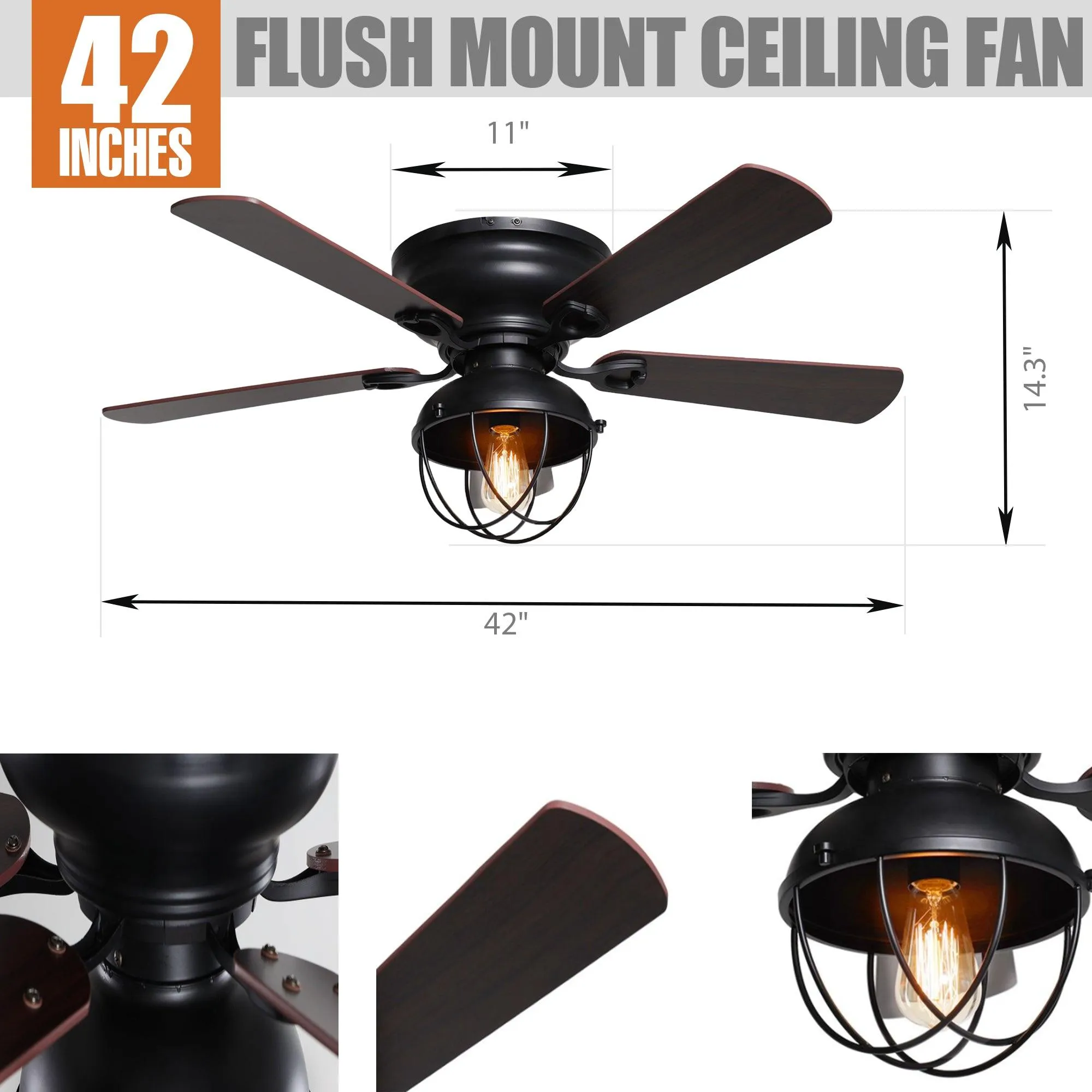 42" Traditional Flush Mount Reversible Ceiling Fan with Lighting and Remote Control