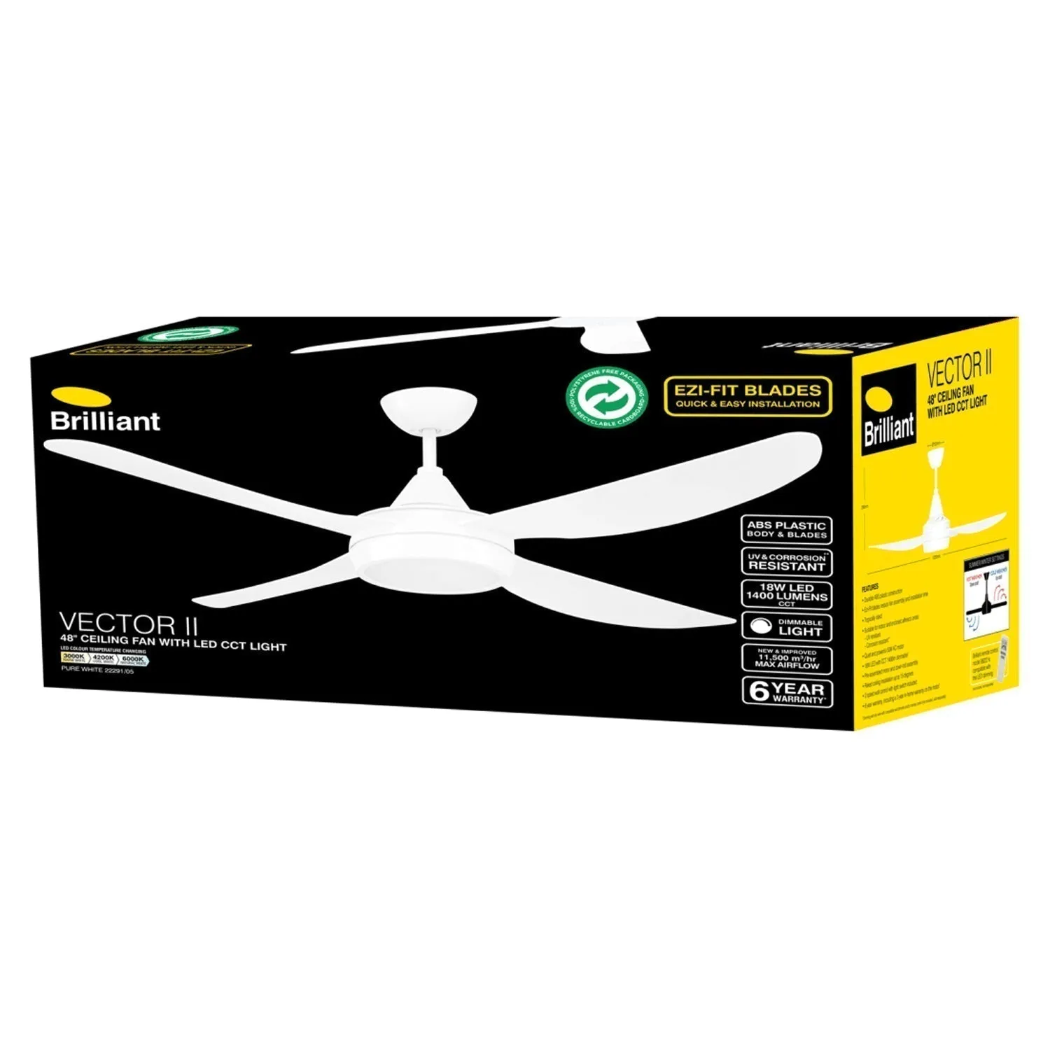 48" Vector II AC Ceiling Fan White, Black  with Light 22291 Brilliant Lighting