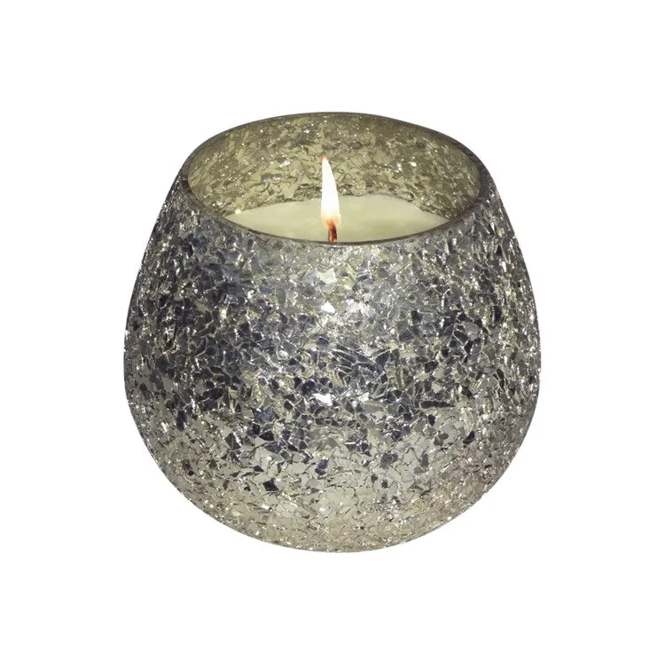 4" Crackled Glass Candle Holder with 11 oz Candle - Silver