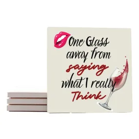 4" Square Ceramic Coaster Set Funny "I Love Wine" Collection - One Glass Away, 4/Box, 2/Case, 8 Pieces.