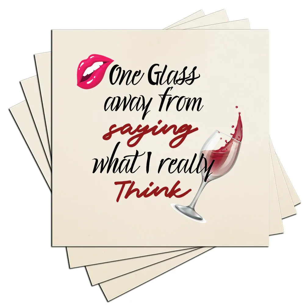 4" Square Ceramic Coaster Set Funny "I Love Wine" Collection - One Glass Away, 4/Box, 2/Case, 8 Pieces.