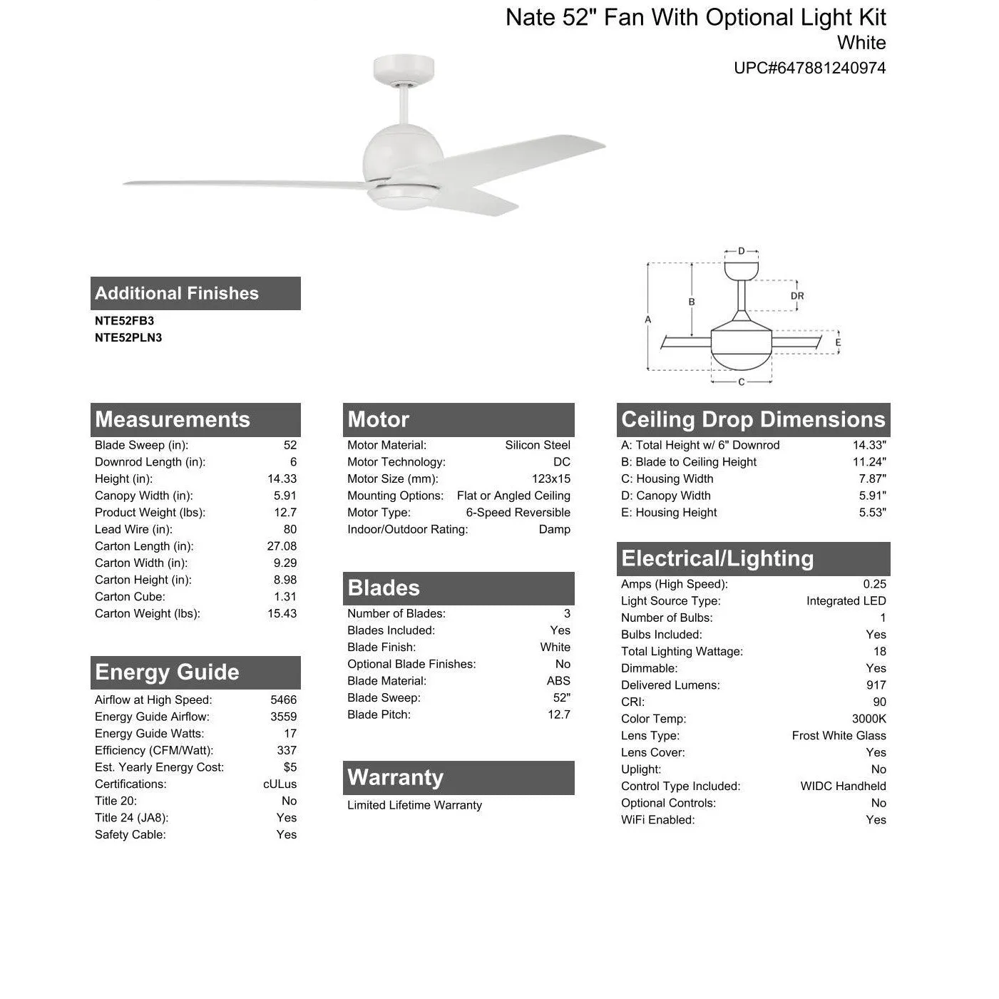 52" Nate in White Finish, White Blades, Light kit included (Optional), WiFi Control