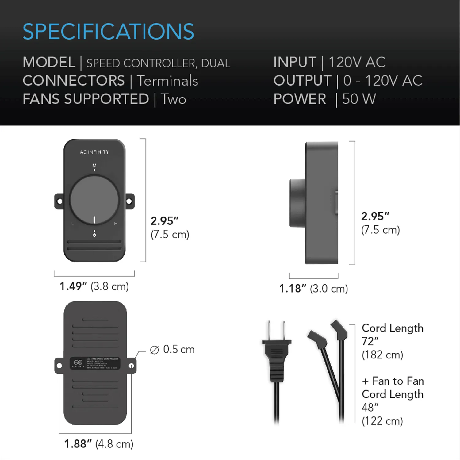 AC Infinity Fan Speed Controller for AC Axial Muffin Fans, Dual