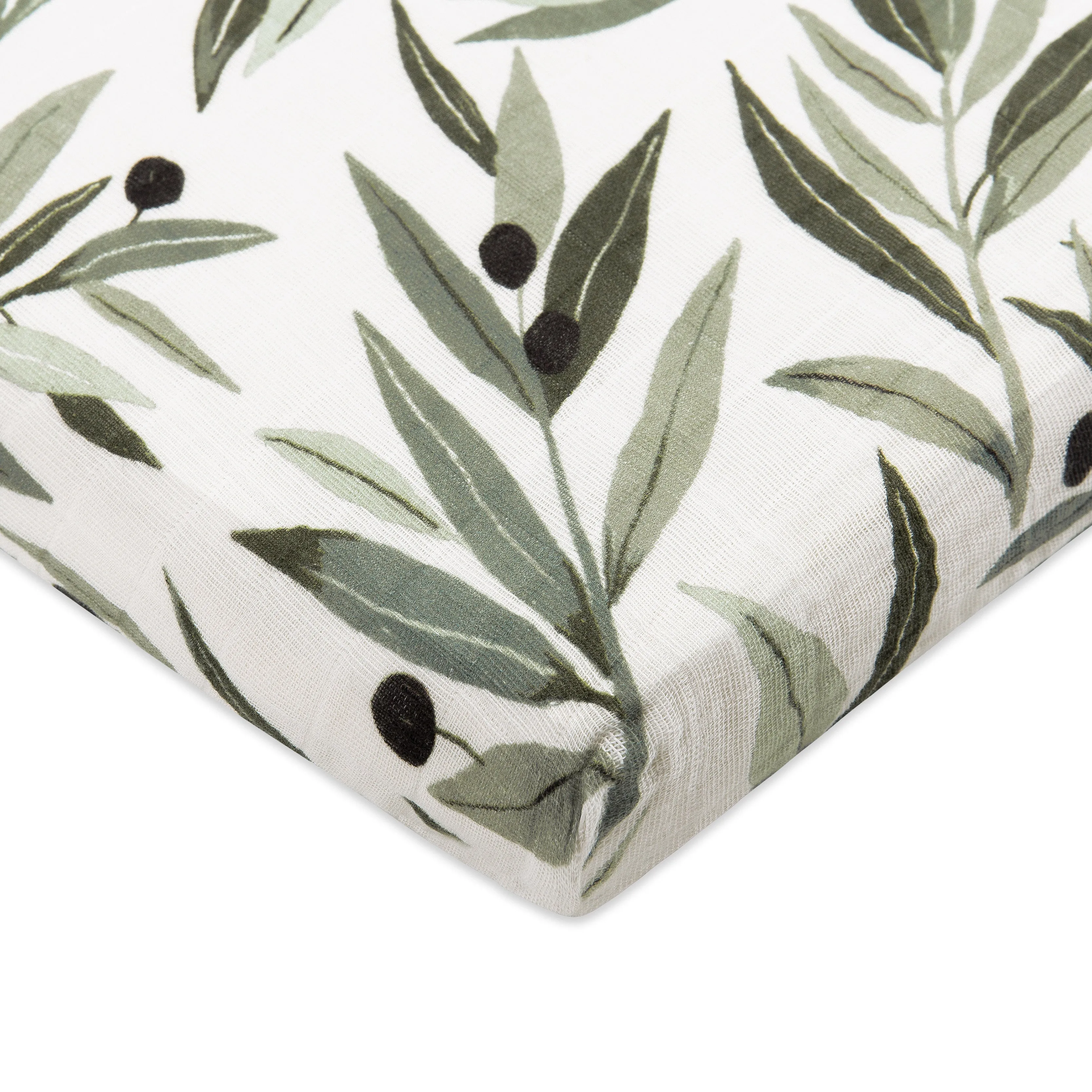 All-Stages Midi Crib Sheet in GOTS Certified Organic Muslin Cotton - Olive Branches