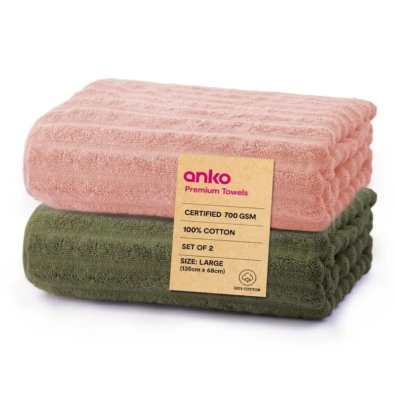 Anko Australia 100% Cotton 700 GSM Large Ribbed Bath Towel | Set of 2 | Super-Soft, Absorbent, Quick-Drying | Pink & Olive Towel for Men, Women & Kids | 135x68 cm |Travel, Gym, Spa Towel