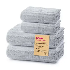 Anko Australia 100% Cotton 700 GSM Ribbed Towel Set | 2 Bath Towels, 2 Hand Towels | Super-Soft, Absorbent, Quick-Drying | Grey Cotton Towels for Bath, Travel & Gym | 135x68cm & 60x40cm