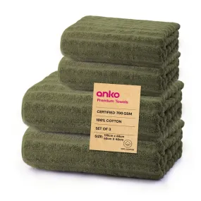 Anko Australia 100% Cotton 700 GSM Ribbed Towel Set | 2 Bath Towels, 2 Hand Towels | Super-Soft, Absorbent, Quick-Drying | Olive Green Cotton Towels for Bath, Travel & Gym | 135x68cm & 60x40cm