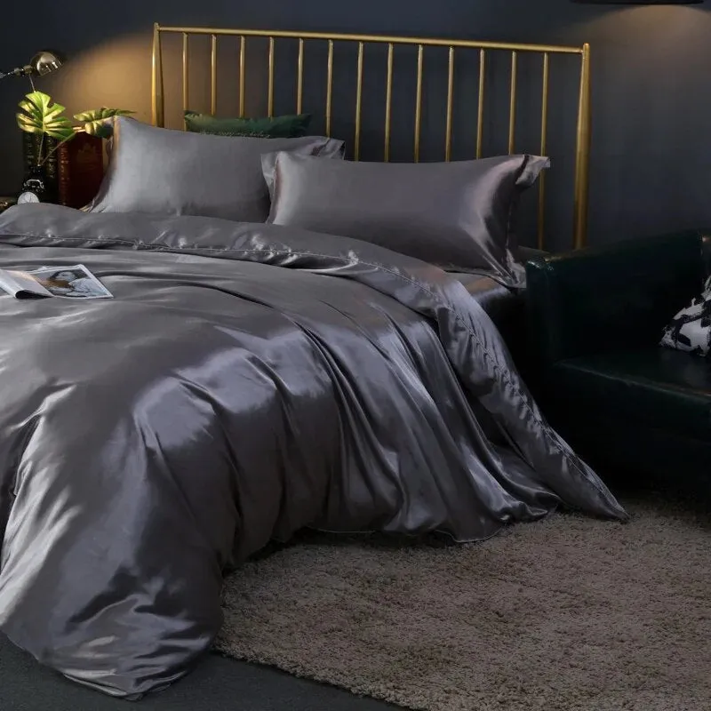 Anyhouz Beddings Gray AU Double Size 3 Pcs High End Satin Smooth Duvet Cover Set Luxury Polyester Silky Soft Cozy Bedding Set