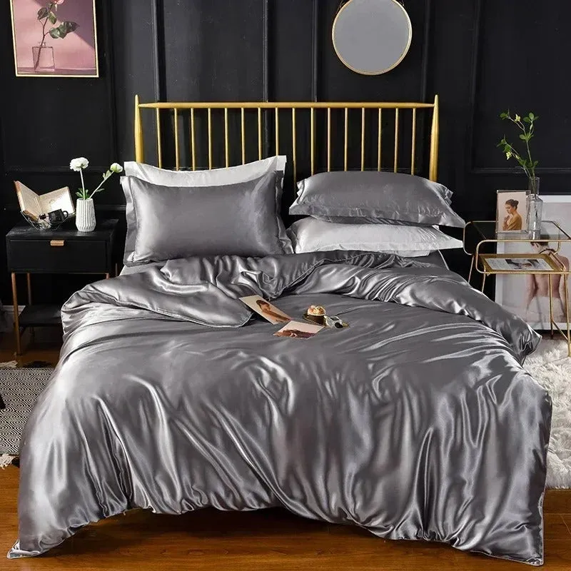 Anyhouz Beddings Gray AU Double Size 3 Pcs High End Satin Smooth Duvet Cover Set Luxury Polyester Silky Soft Cozy Bedding Set