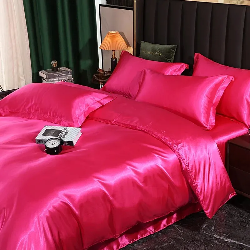 Anyhouz Beddings Hot Pink 140X210cm 2 Pcs High End Satin Smooth Duvet Cover Set Luxury Polyester Silky Soft Cozy Bedding Set