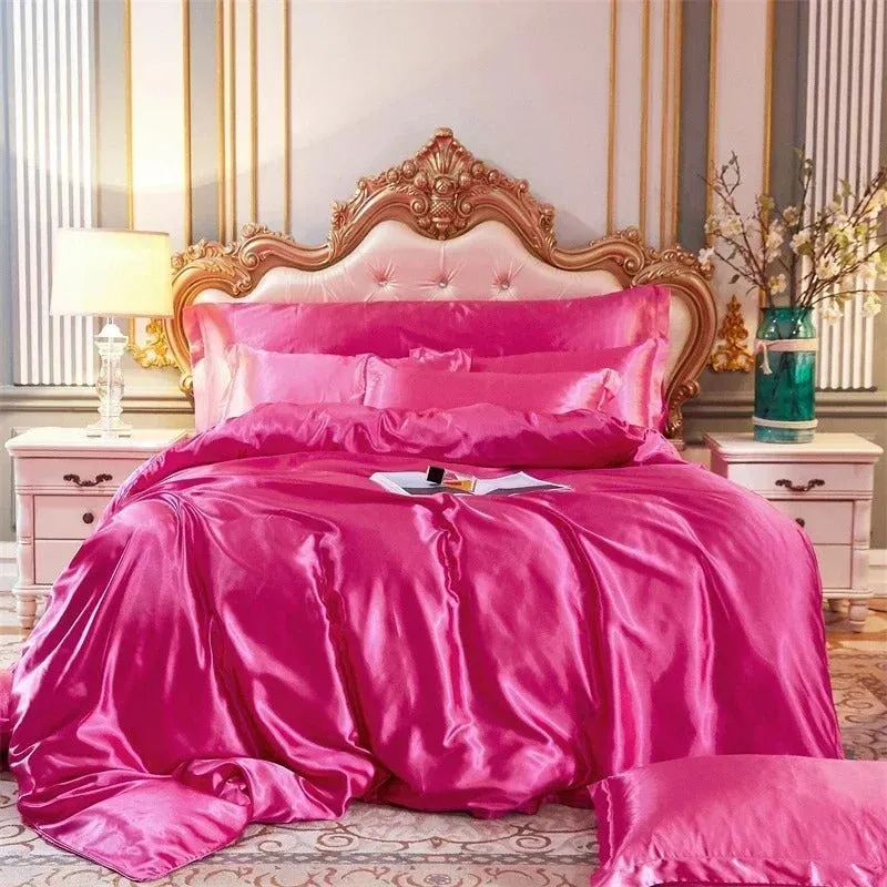 Anyhouz Beddings Hot Pink US Twin Size 3 Pcs High End Satin Smooth Duvet Cover Set Luxury Polyester Silky Soft Cozy Bedding Set