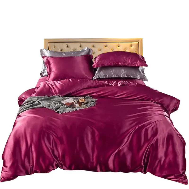 Anyhouz Beddings Magenta US Queen Size 3 Pcs High End Satin Smooth Duvet Cover Set Luxury Polyester Silky Soft Cozy Bedding Set