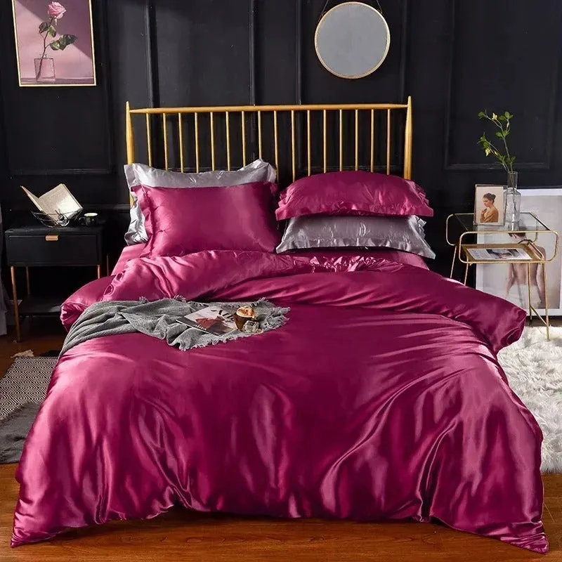 Anyhouz Beddings Magenta US Queen Size 3 Pcs High End Satin Smooth Duvet Cover Set Luxury Polyester Silky Soft Cozy Bedding Set