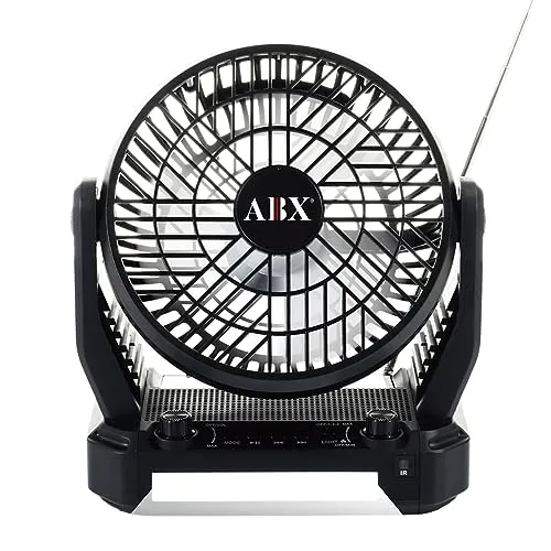 Audiobox RXF-40 Portable Fan, Speaker, Radio, Light w/Hook: 3-Speed Cooling, Solar Charging, MP3, FM Radio, USB, LED Light, and Remote Control