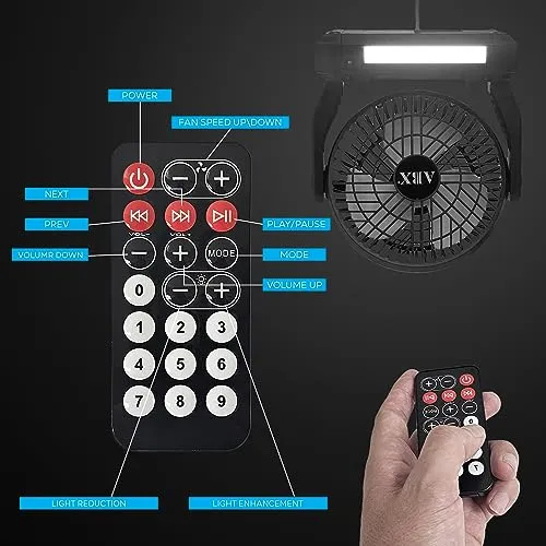 Audiobox RXF-40 Portable Fan, Speaker, Radio, Light w/Hook: 3-Speed Cooling, Solar Charging, MP3, FM Radio, USB, LED Light, and Remote Control