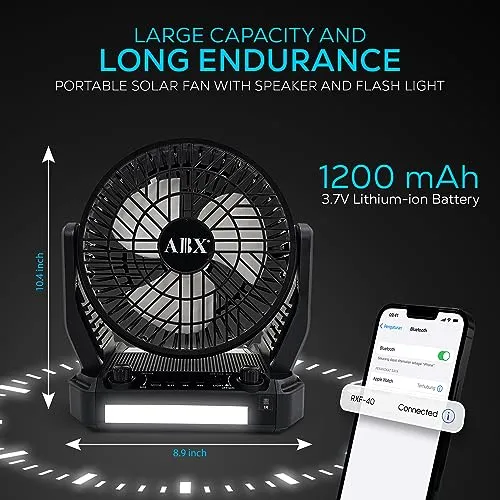 Audiobox RXF-40 Portable Fan, Speaker, Radio, Light w/Hook: 3-Speed Cooling, Solar Charging, MP3, FM Radio, USB, LED Light, and Remote Control