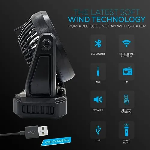 Audiobox RXF-40 Portable Fan, Speaker, Radio, Light w/Hook: 3-Speed Cooling, Solar Charging, MP3, FM Radio, USB, LED Light, and Remote Control