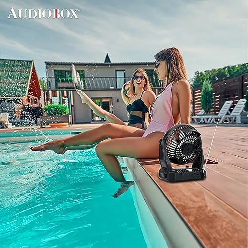 Audiobox RXF-40 Portable Fan, Speaker, Radio, Light w/Hook: 3-Speed Cooling, Solar Charging, MP3, FM Radio, USB, LED Light, and Remote Control