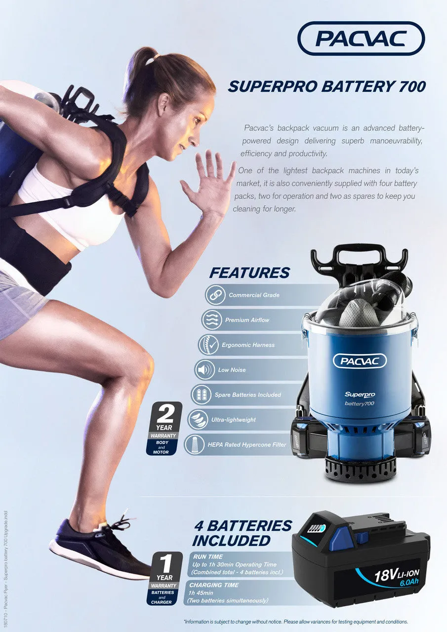 Battery Powered - Pacvac Superpro 700BAS Advanced Battery Backpack Vacuum