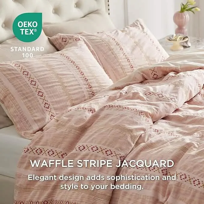 Bedsure 100% Cotton Waffle Stripe X Jacquard Duvet Cover Set