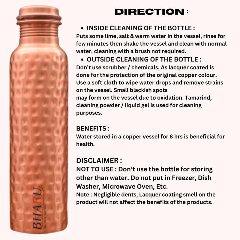 Bharu Hammered Copper Bottle 750 ml - Pack of 4