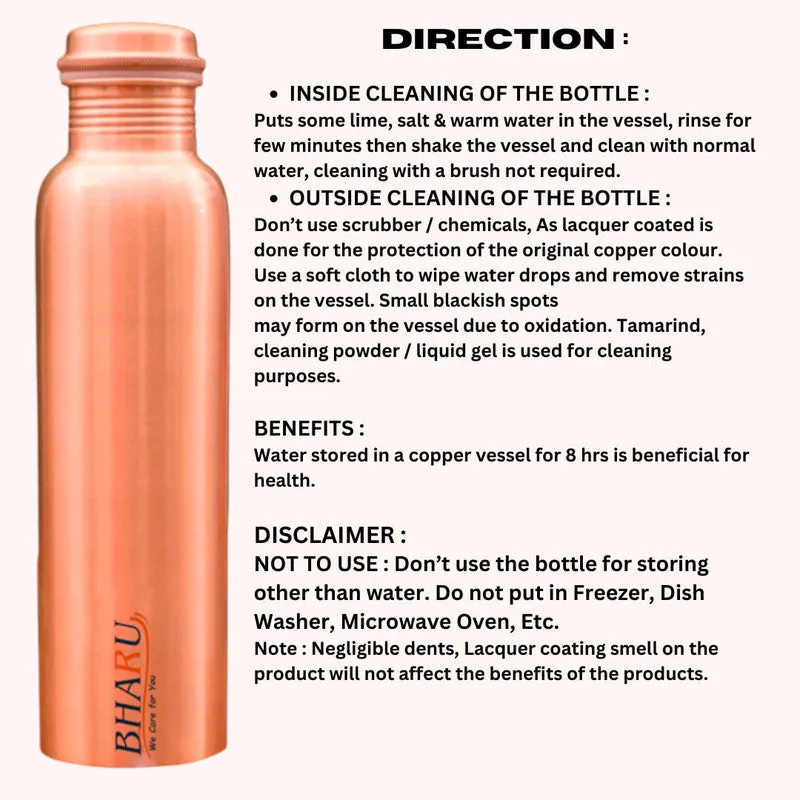 Bharu Plain Copper Bottle 750 ml - Pack of 2