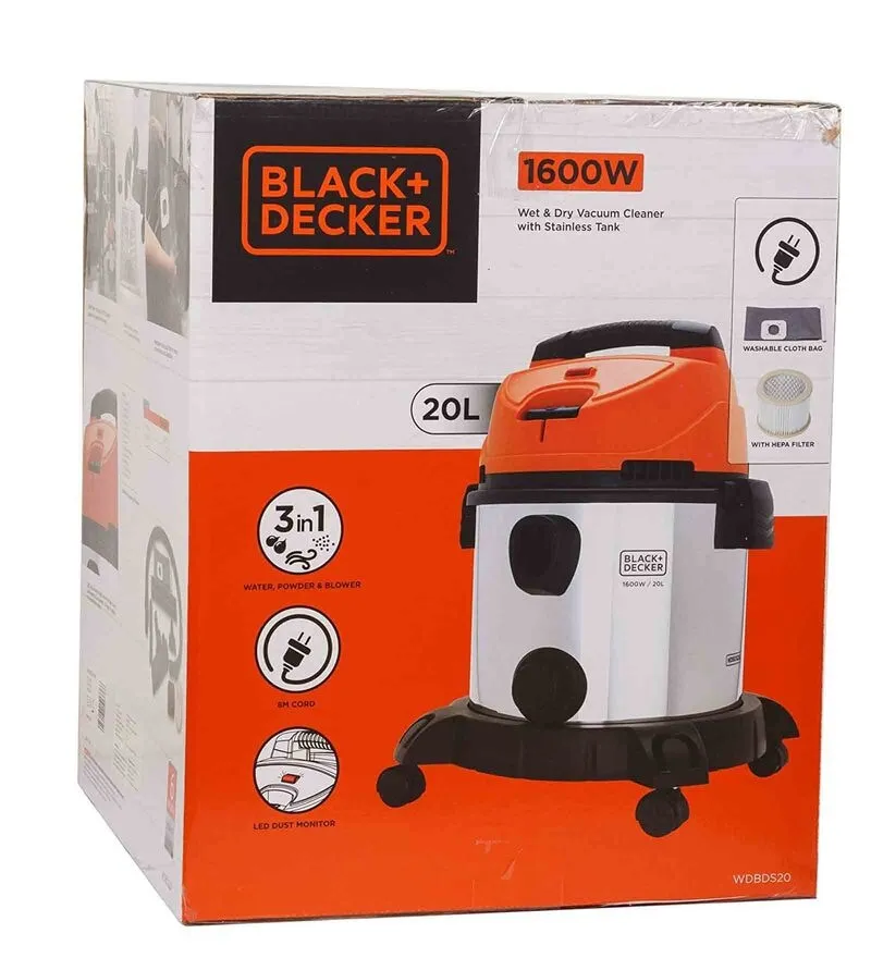 Black & Decker Vacuum Cleaner Wet and Dry 20L Sturdy Stainless steel Tank 1400W