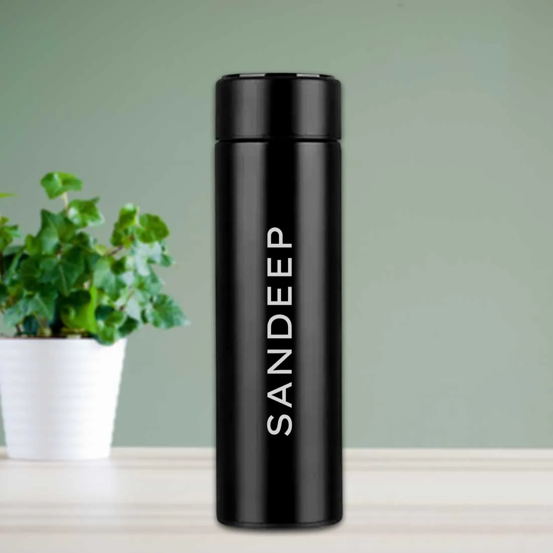 Black Personalised Thermos Chai Flask With Temperature Display - Add Text