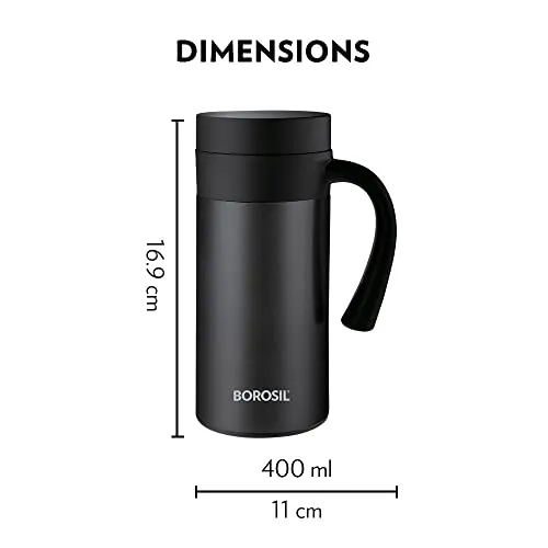 Borosil CafeTime Mug, Stainless Steel Insulated Travel Mug, Double Wall Vacuum Insulation, for Carrying Tea, Coffee, Soup, 400 ml, Black