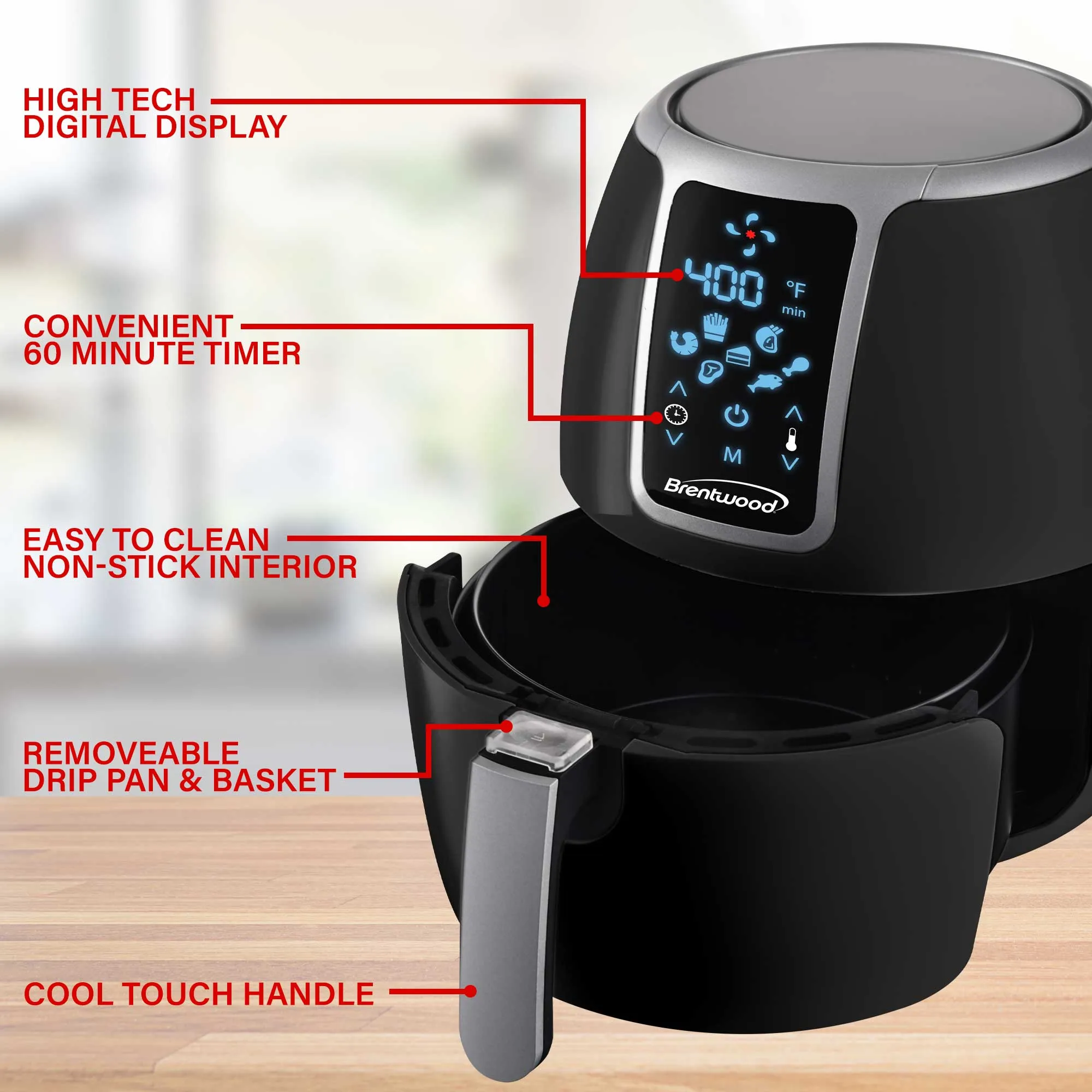 Brentwood AF-400DBK 4-Quart Electric Digital Air Fryer, Timer & Temp. Control