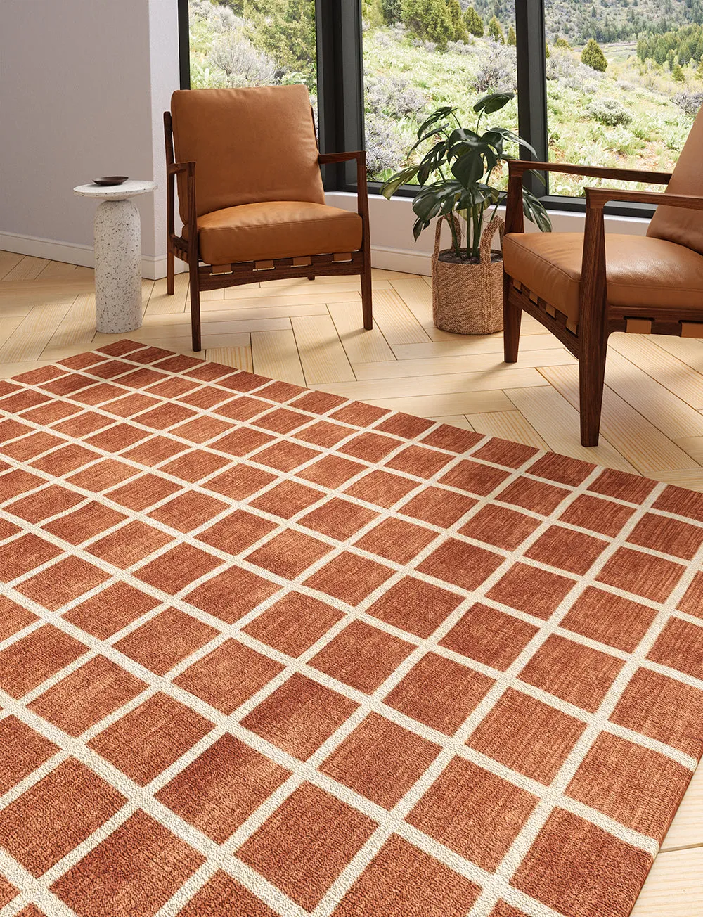 Caper Orange Natural Checkered Rug