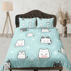 Cat Lover Duvet Cover Set Bedspread, Cute Cats Green Bedding for Teens Kids Bedroom