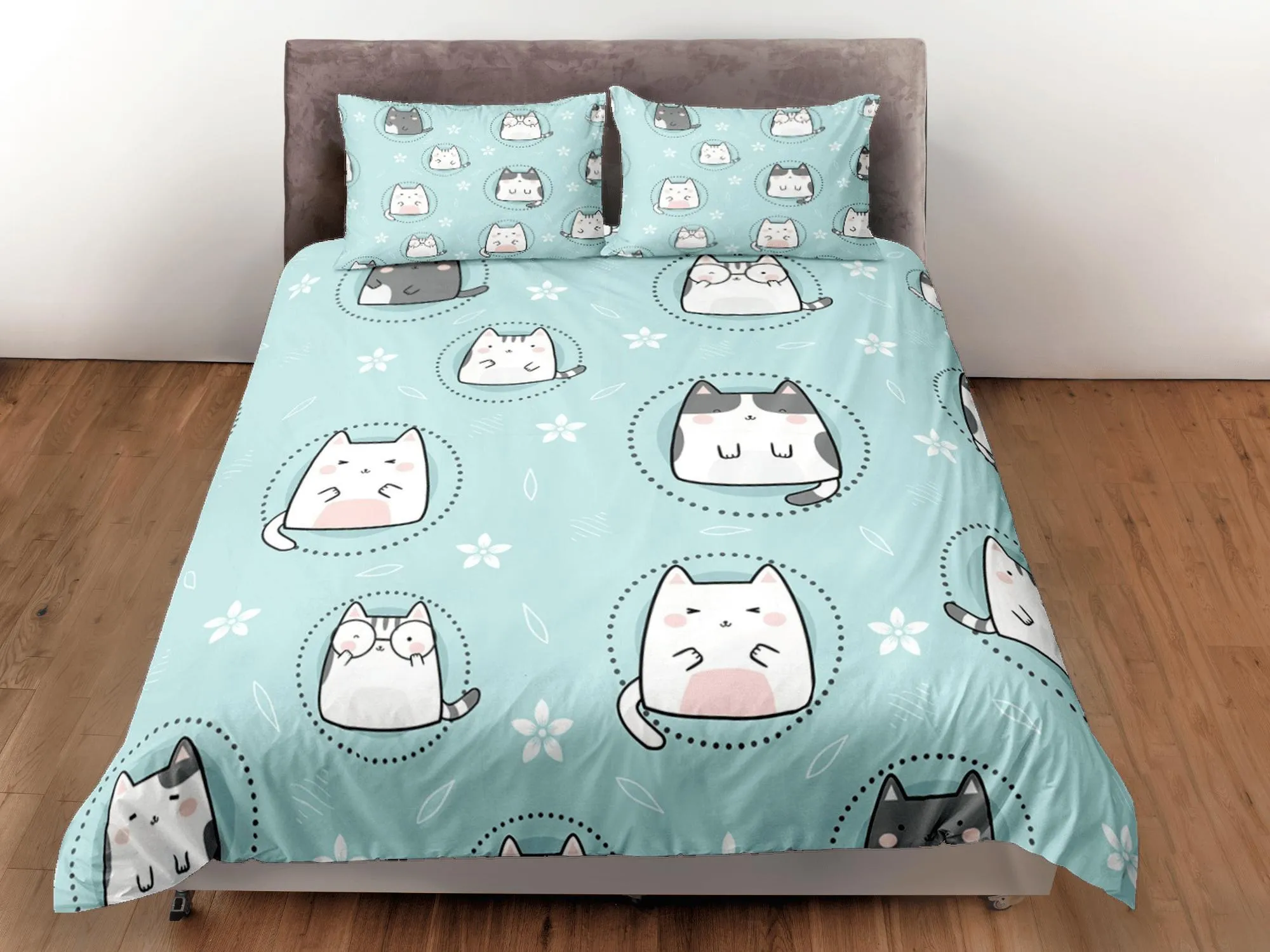 Cat Lover Duvet Cover Set Bedspread, Cute Cats Green Bedding for Teens Kids Bedroom