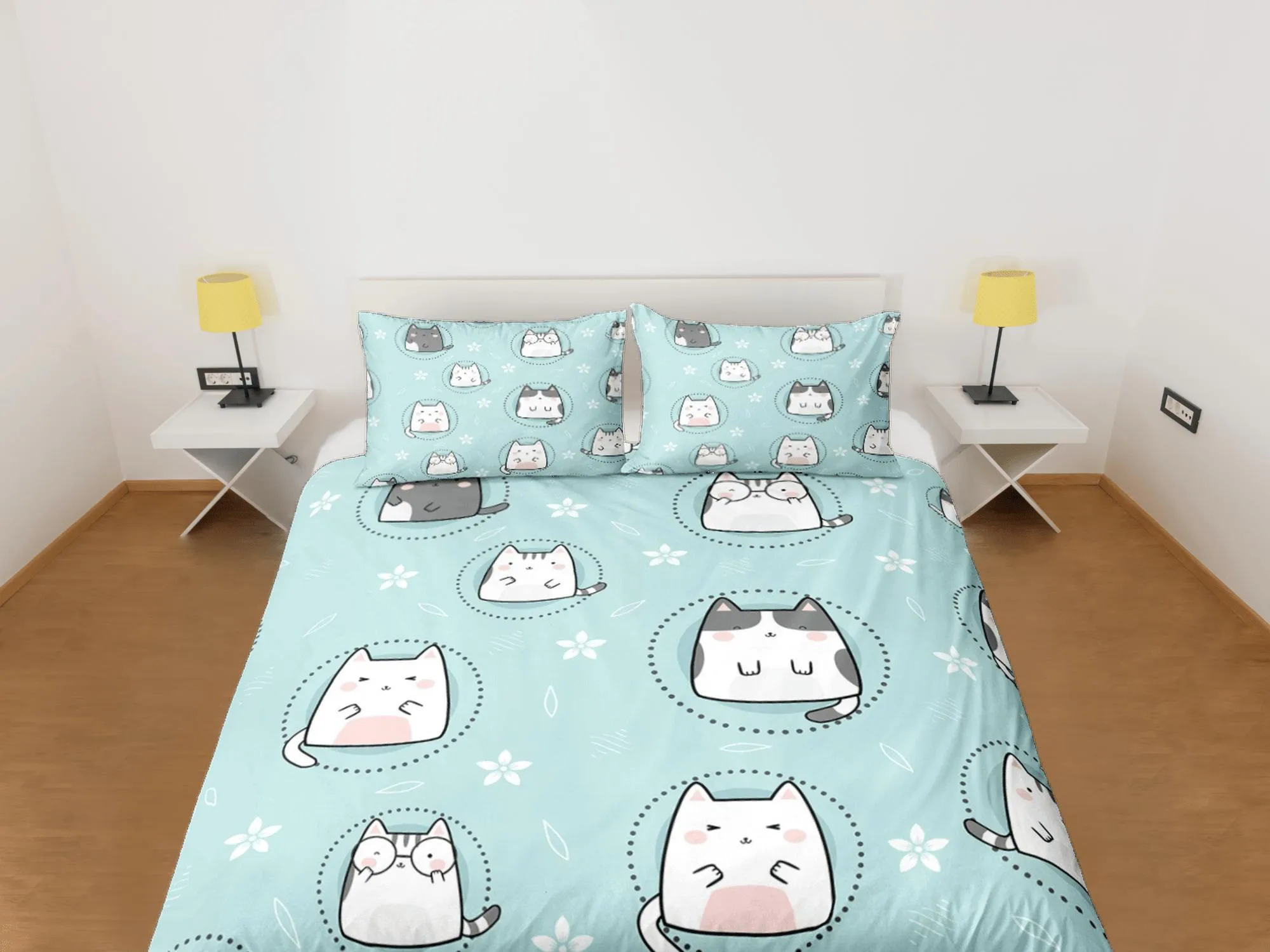 Cat Lover Duvet Cover Set Bedspread, Cute Cats Green Bedding for Teens Kids Bedroom