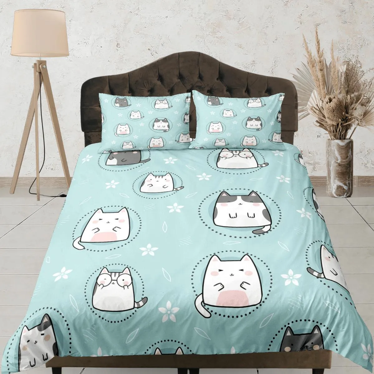 Cat Lover Duvet Cover Set Bedspread, Cute Cats Green Bedding for Teens Kids Bedroom