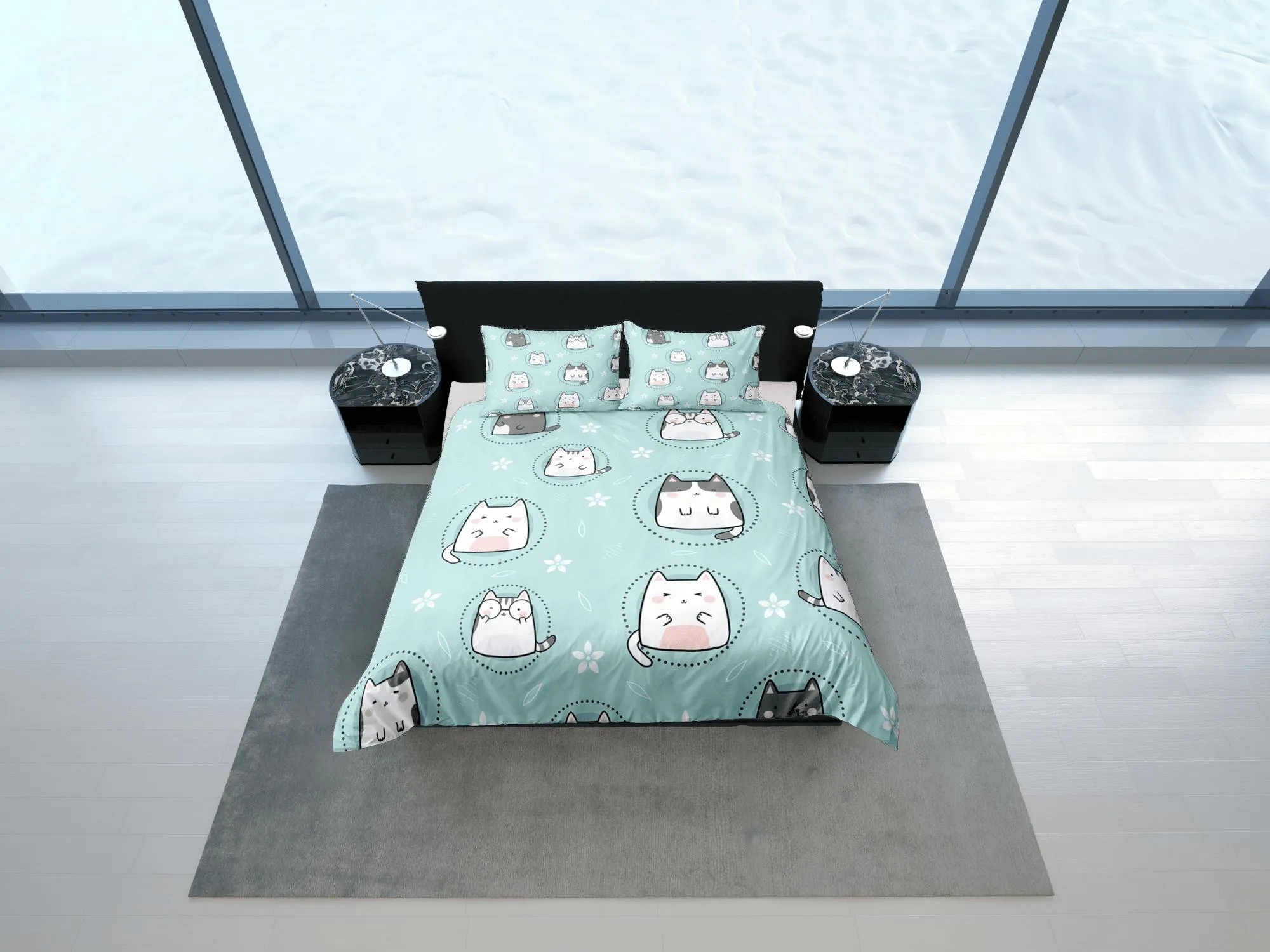 Cat Lover Duvet Cover Set Bedspread, Cute Cats Green Bedding for Teens Kids Bedroom