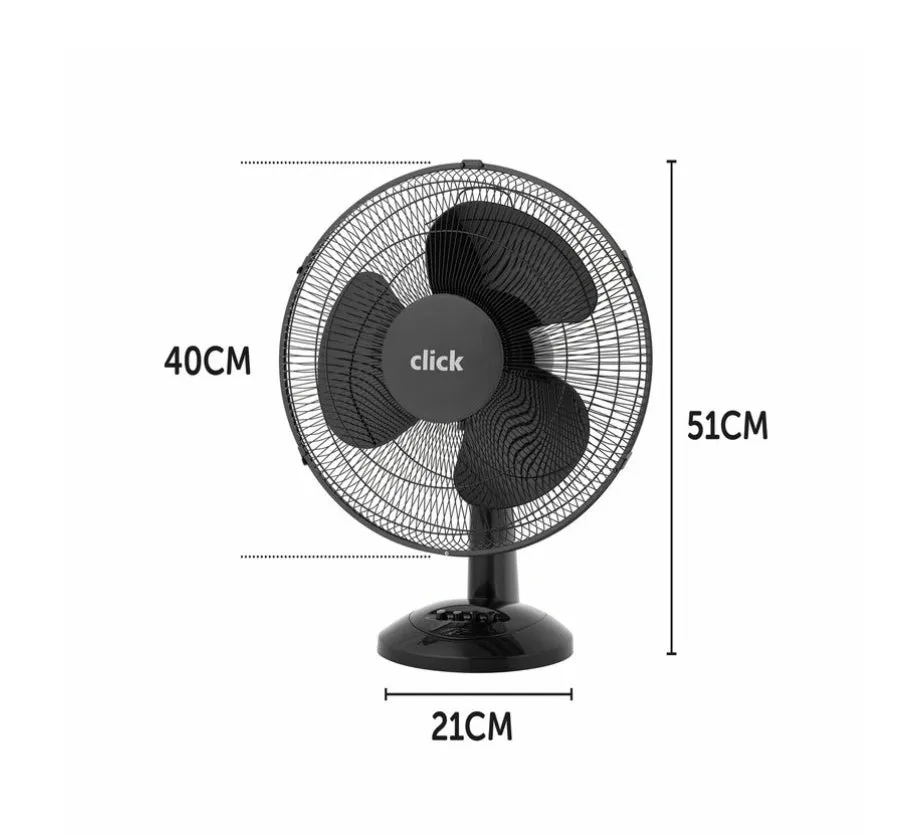 Click Black 40cm 3 Blades Desk Fan / 3 Speed Settings / Adjustable Tilt Head