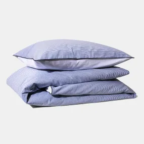 Cotton Percale Duvet Cover Set Navy Stripe & Blue Piping