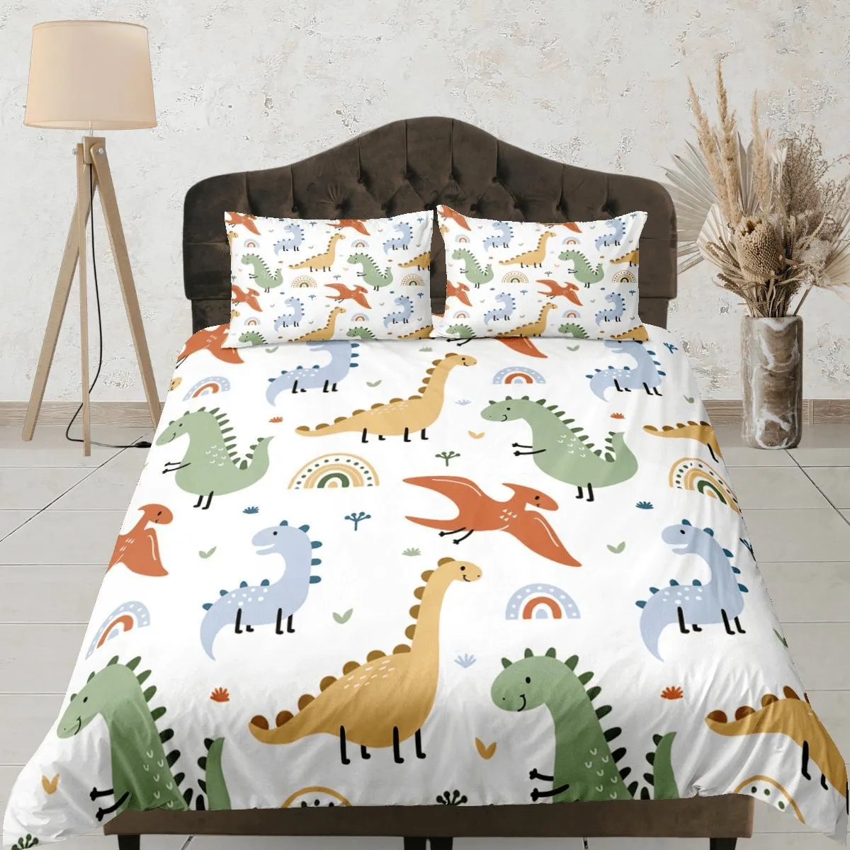 Cute Dinosaurs Duvet Cover Set Colorful Bedspread, Kids Full Bedding Set with Pillowcase, King Duvet Cover Queen Duvet Comforter Cover Twin