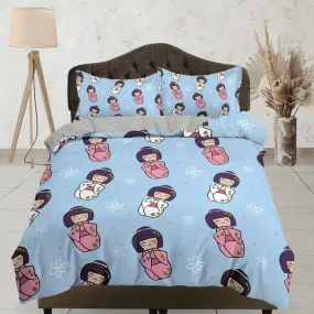 Cute oriental blue bedding for kids, japan culture, kawaii girl in kimono, japanese duvet cover set for king, queen, full, twin, toddler bed